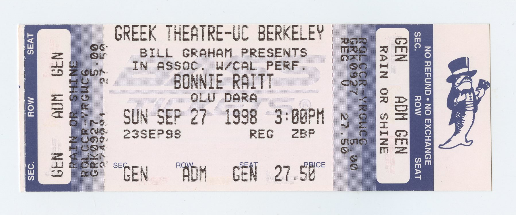 Bonnie Raitt Ticket Vintage 1998 Sep 27 Greek Theatre Berkeley 
