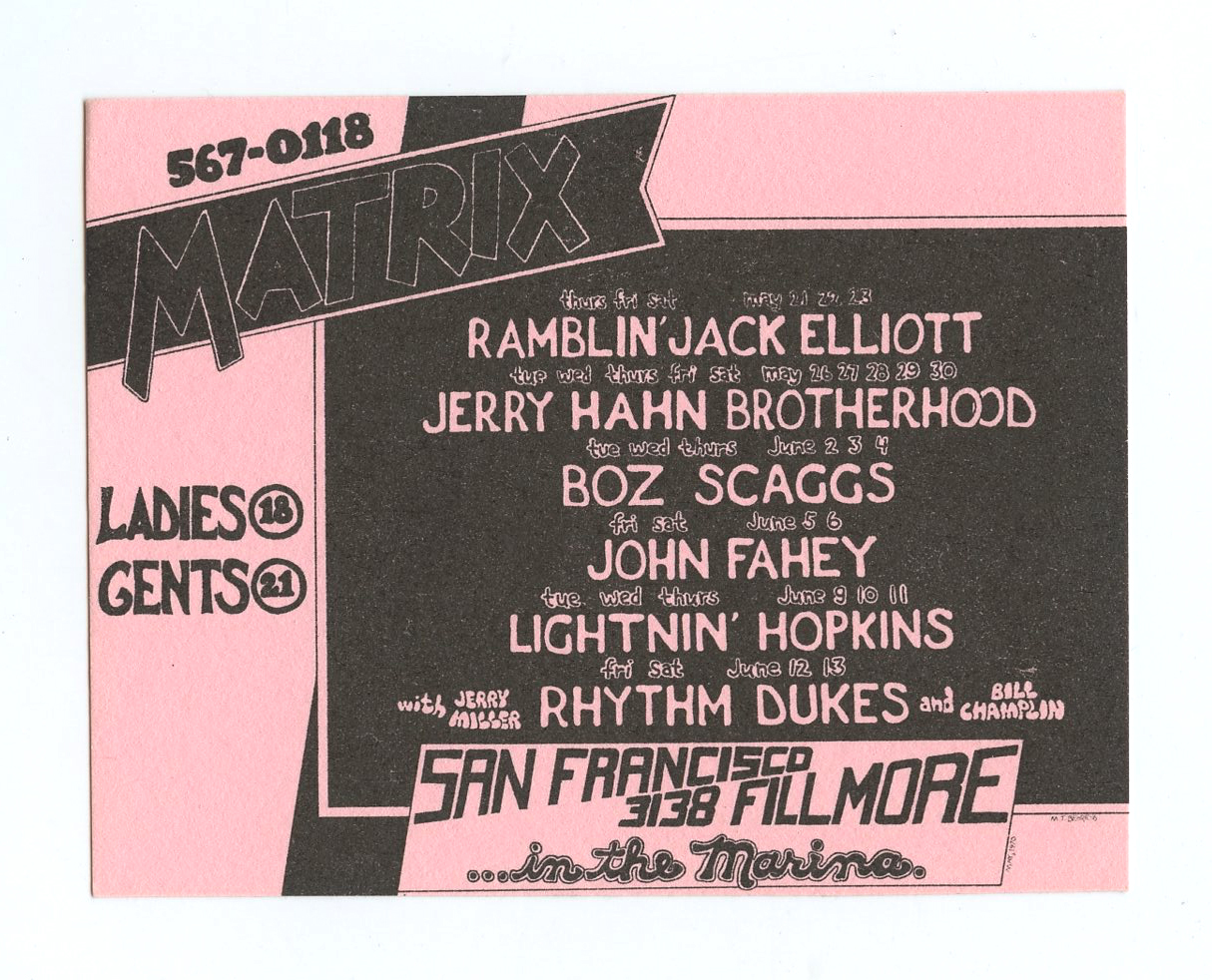 Matrix Handbill 1970 May Ramblin' Jack Elliott John Fahey Boz Scaggs