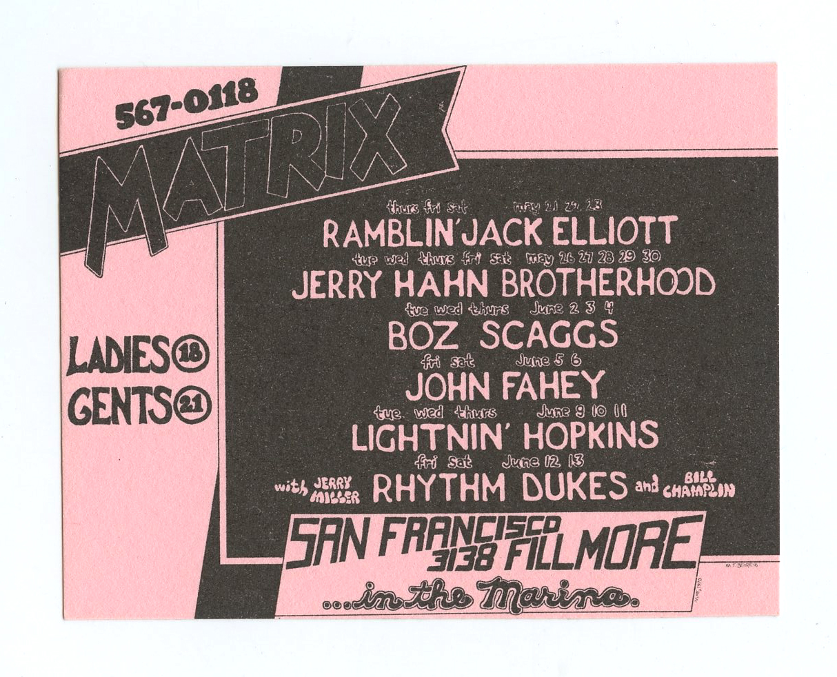 Matrix Handbill 1970 Ramblin' Jack Elliott John Fahey Boz Scaggs