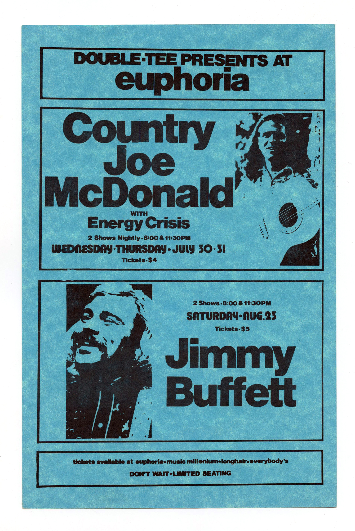Jimmy Buffett Country Joe McDonald Handbill 1975 Euphoria Portland