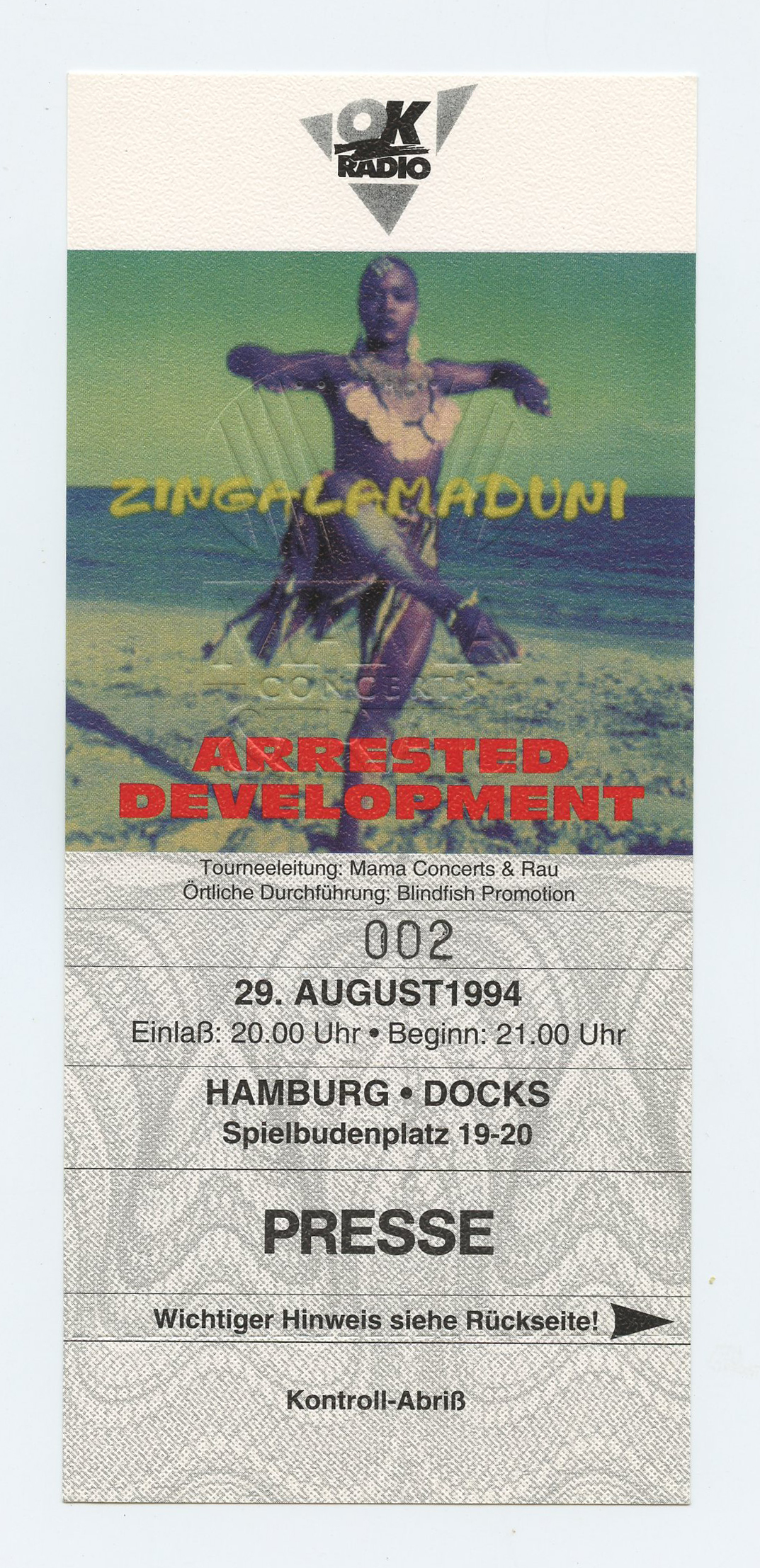 Arrested Development Vintage Ticket 1994 Aug 29 Hamburg Germany 