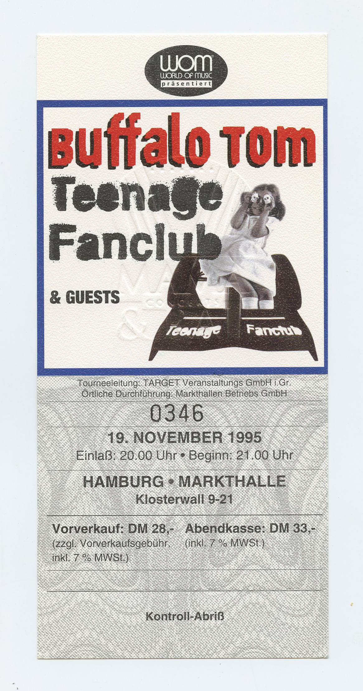 Buffalo Tom Vintage Ticket 1995 Nov 19 Hamburg Germany  