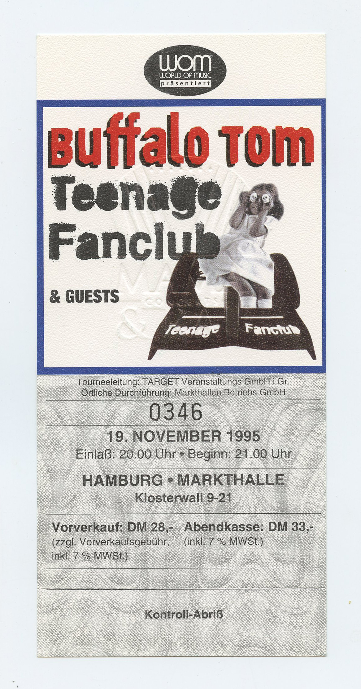 Buffalo Tom Ticket Vintage 1995 Nov 19 Hamburg Germany  