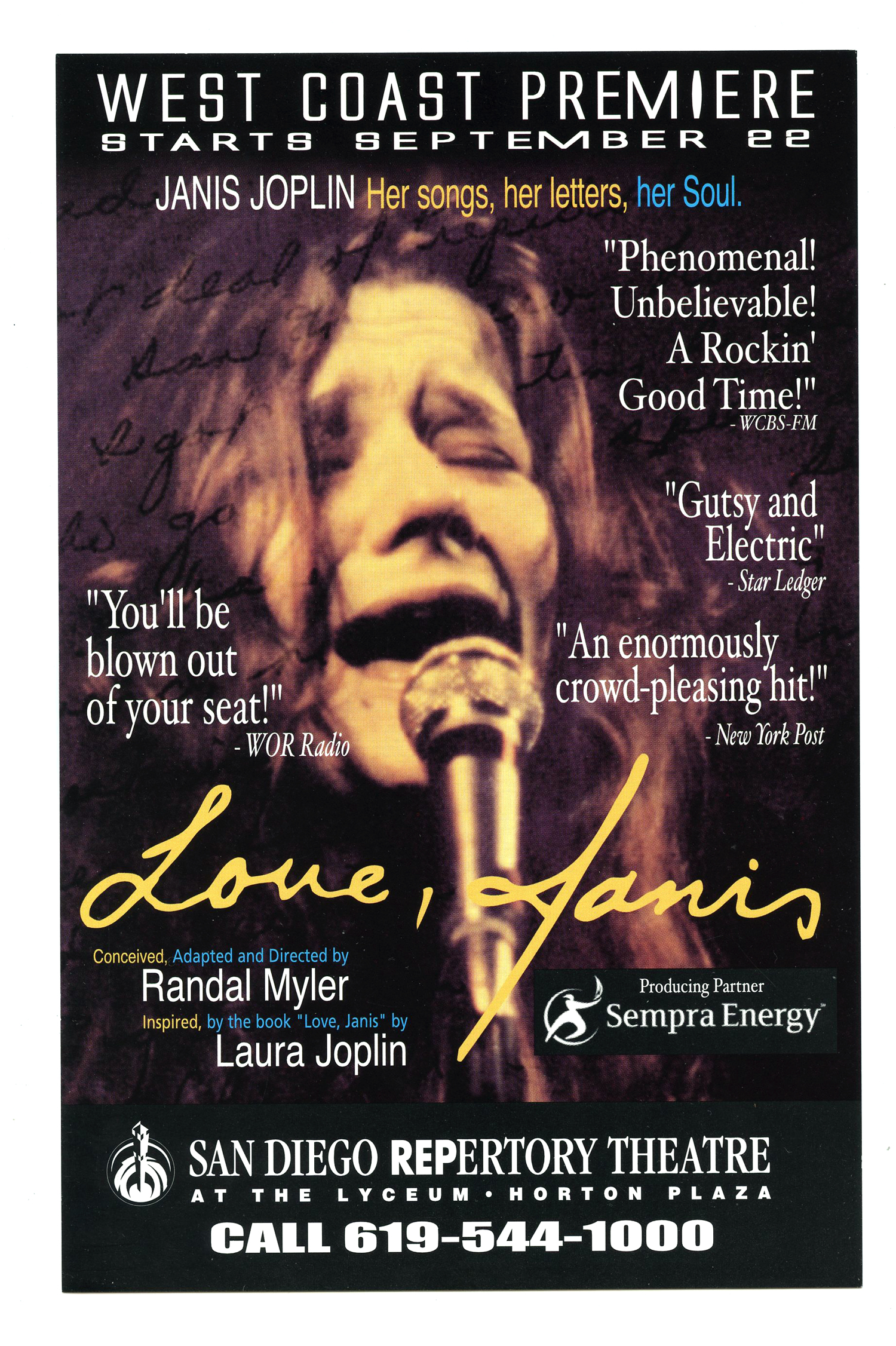 Love, Janis Musical Promotion Postcard 2001 Repetory Theatre San Diego