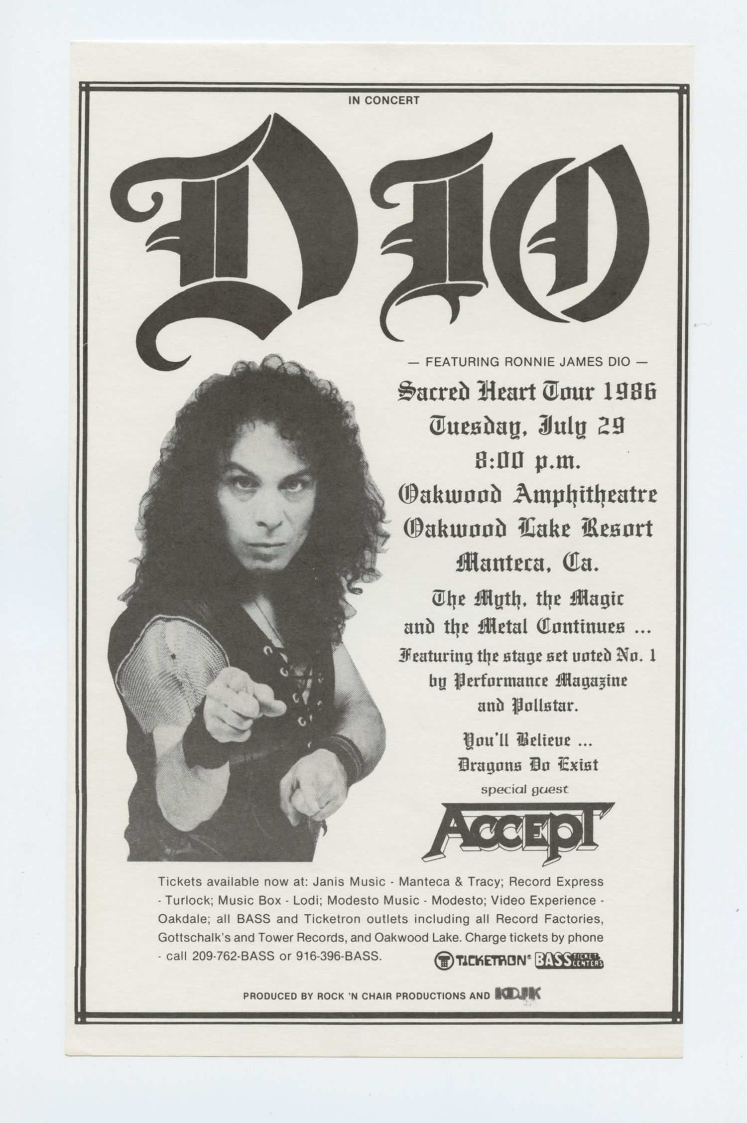 Ronnie James Dio Handbill 1986 Jul 29 Oakwood Amphitheatre Manteca