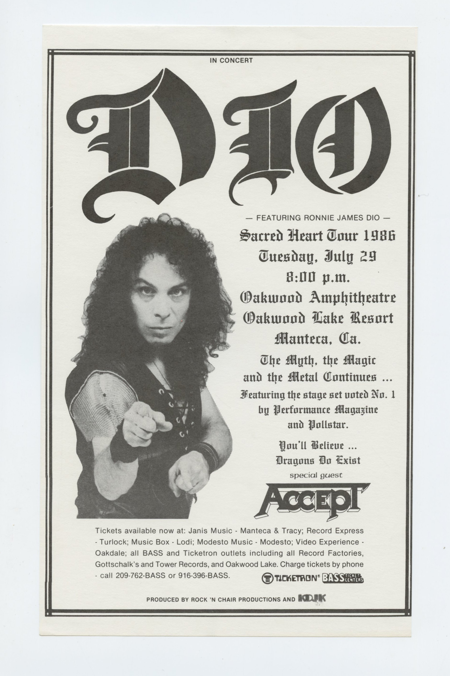 Ronnie James Dio Handbill Sacred Heart Tour 86 Manteca 1986 July 29