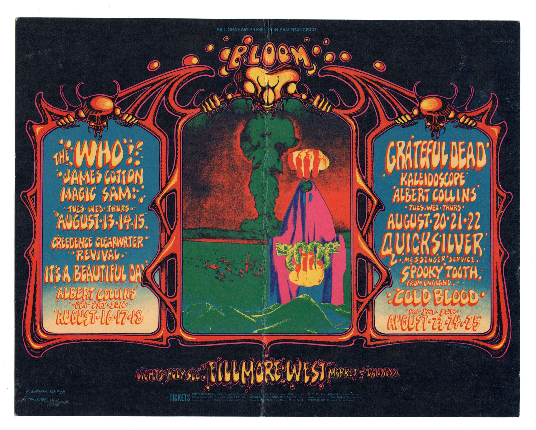 BG 133 Postcard Mailed Grateful Dead Creedence Clearwater Revival 1968 Aug 13