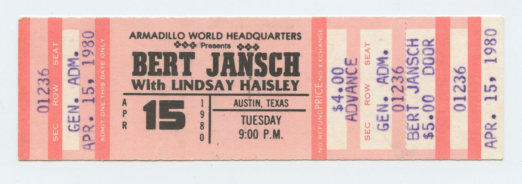 Bert Jansch Vintage Ticket 1980 Apr 15 Austin TX  w/ Lindsay Hausley 