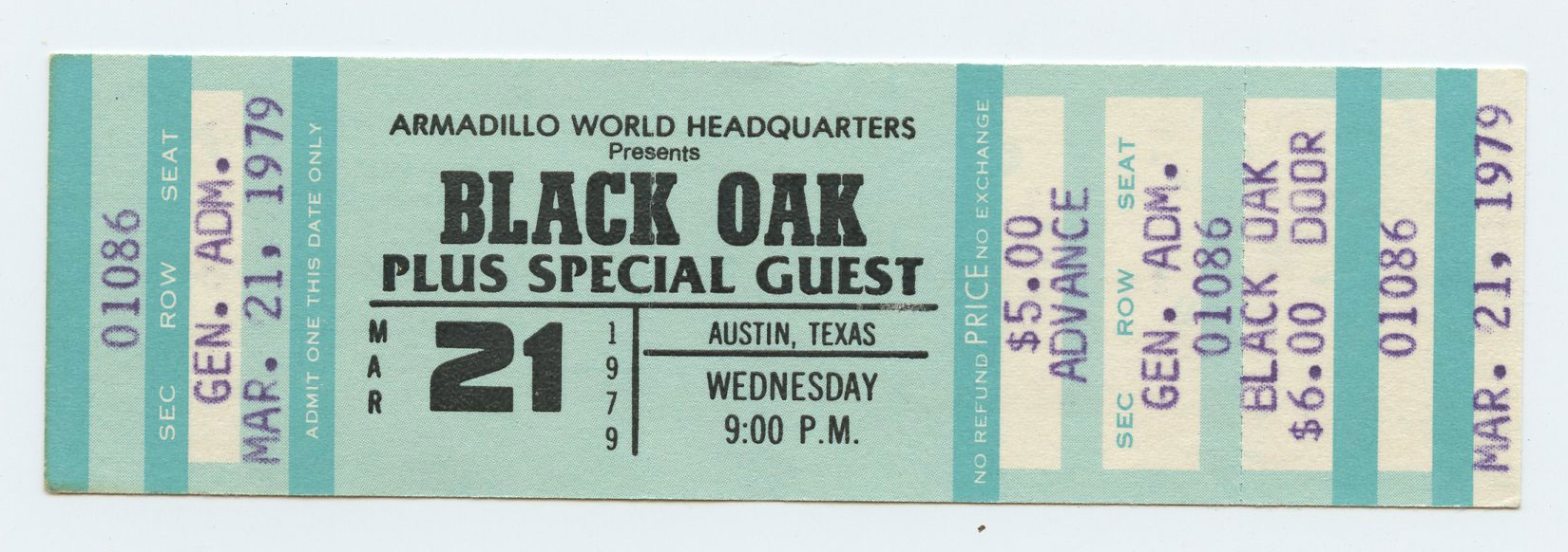 Black Oak Ticket Vintage 1979 March 21 Armadillo World Headquarters Austin TX 