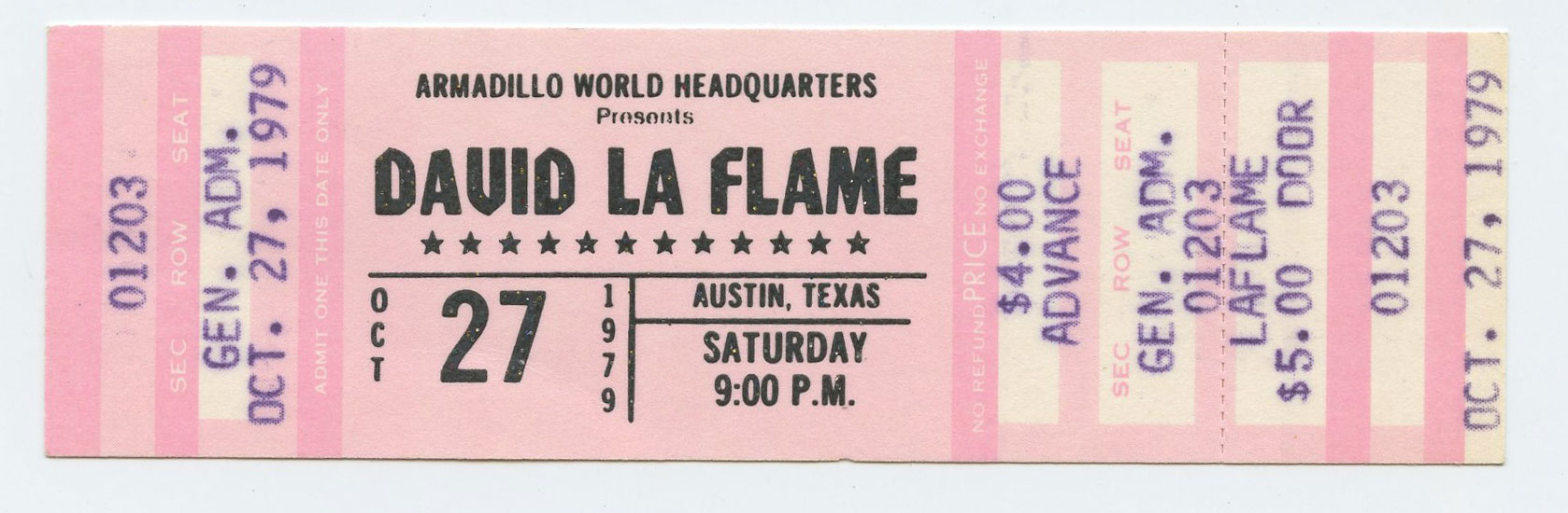 David La Flame Ticket Vintage 1979 Oct 27 Austin TX 