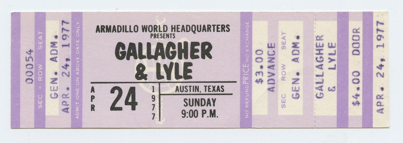 Gallagher and Lyle Ticket Vintage 1977 Apr 24 Austin TX 