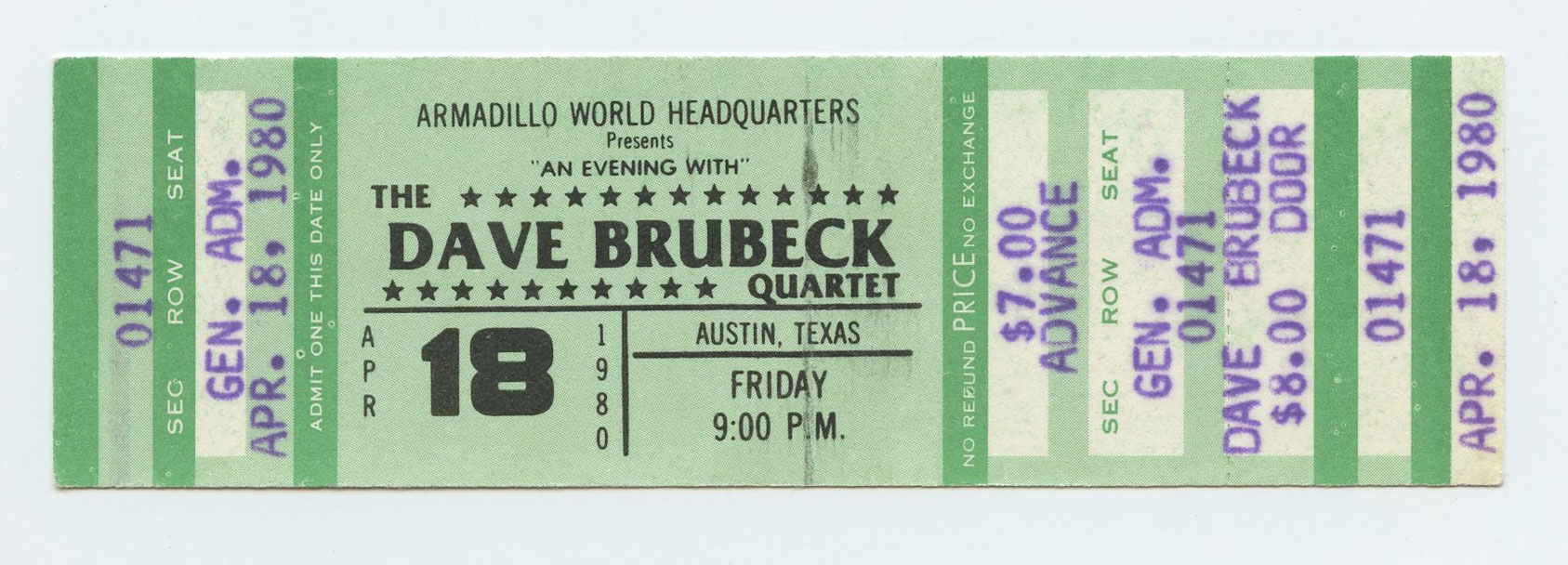 Dave Brubeck Quartet Vintage Ticket 1980 Apr 18 Austin TX 