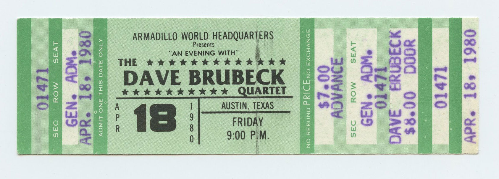 Dave Brubeck Quartet Ticket Vintage 1980 Apr 18 Austin TX 