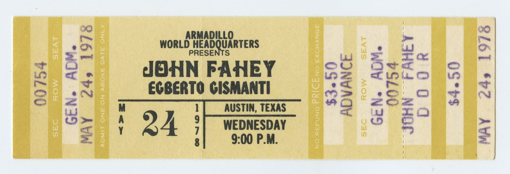 John Fahey Vintage Ticket 1978 May 24 Austin TX 