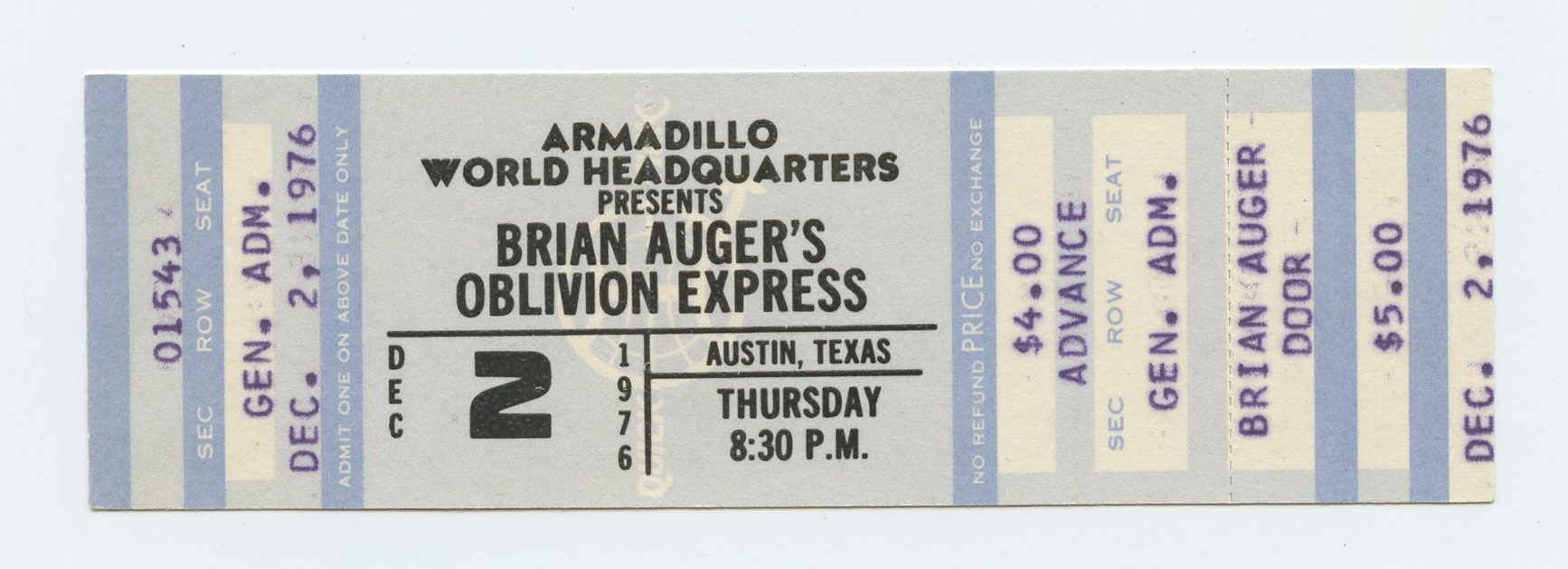 Brian Auger's Oblivon Express Vintage Ticket 1976 Dec 2 Austin TX 