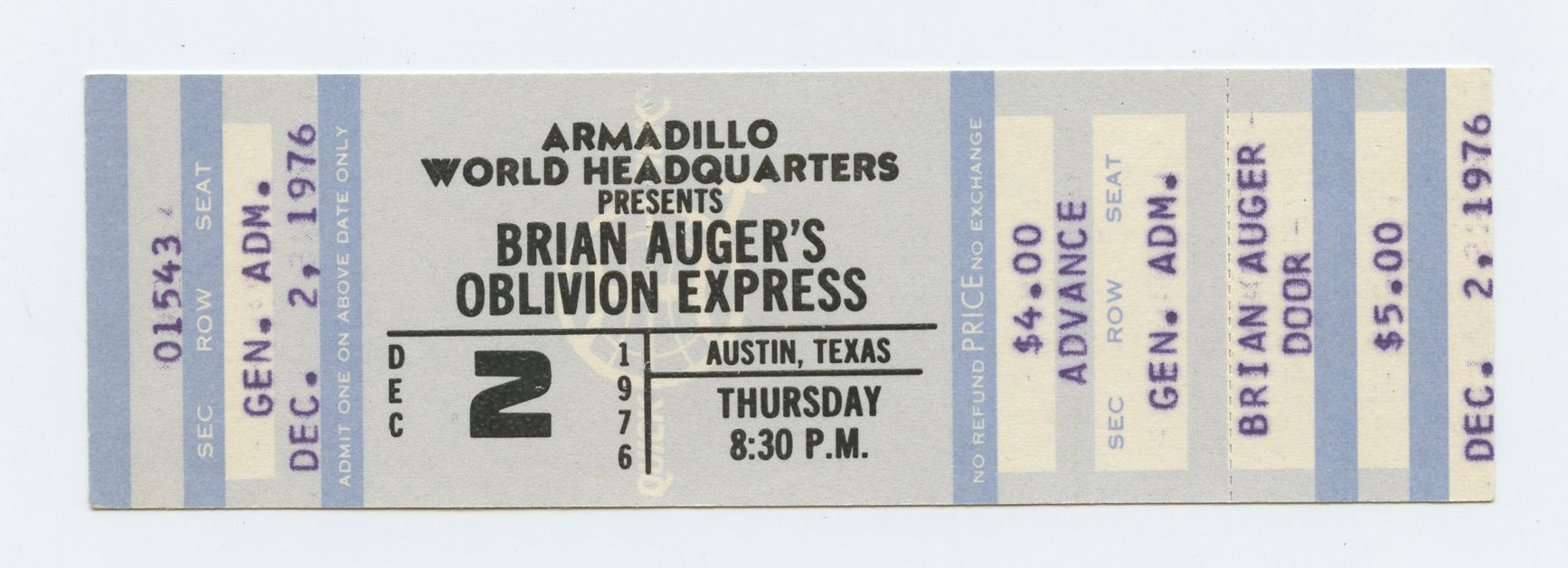 Brian Auger's Oblivon Express Ticket Vintage 1976 Dec 2 Austin TX 