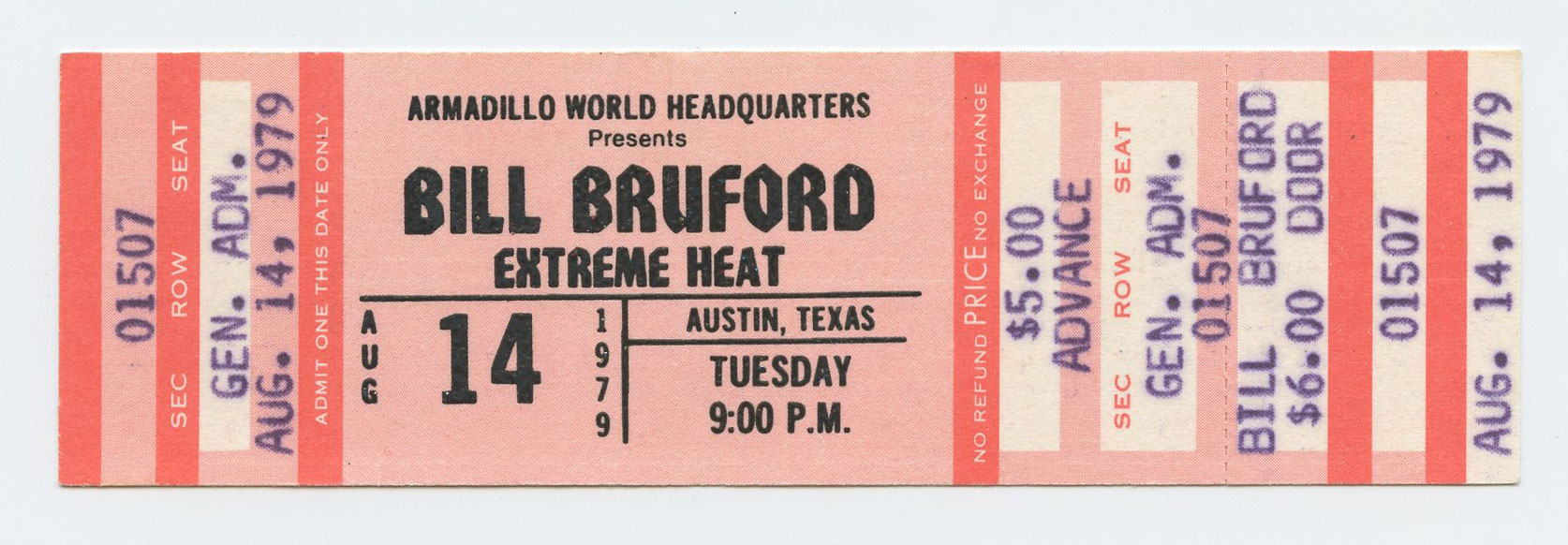 Bill Bruford Ticket Vintage 1979 Aug 14 Austin TX  w/ Extreme Heat 