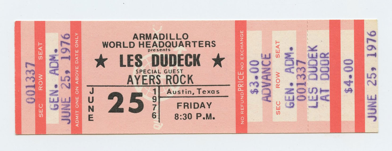 Les Dudeck Ticket Vintage 1976 Jun 25 Austin TX 