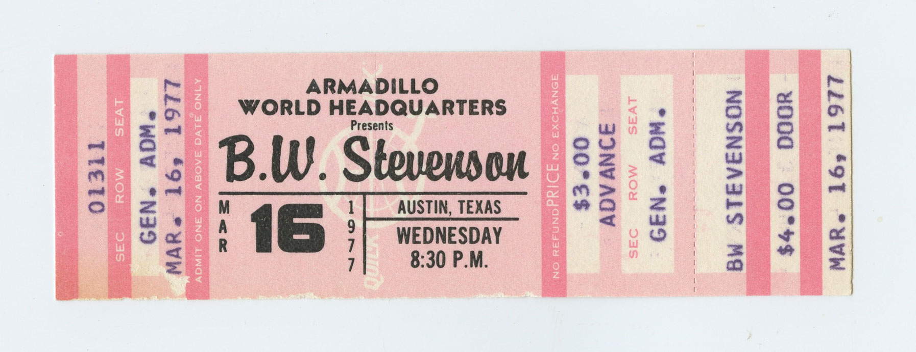 B.W. Stevenson Vintage Ticket 1977 Mar 19 Armadillo World Headquarters Austin TX 