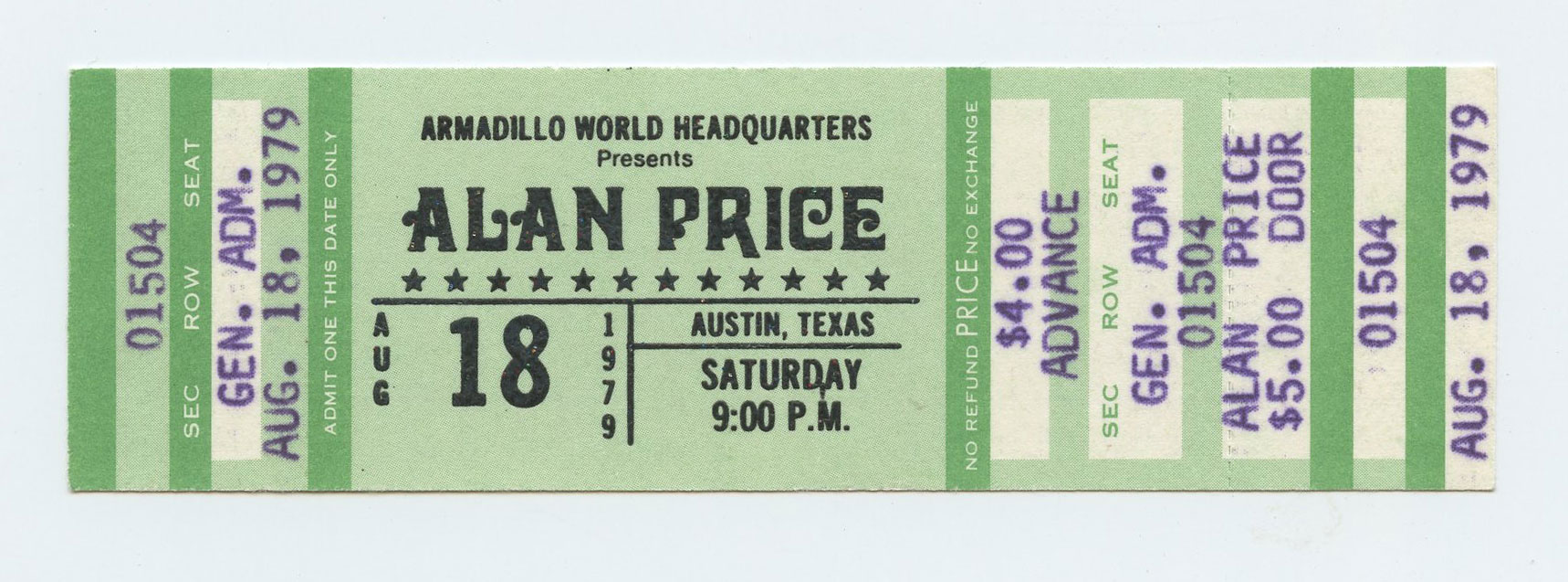Alan Price Vintage Ticket 1979 August 18 Austin TX 