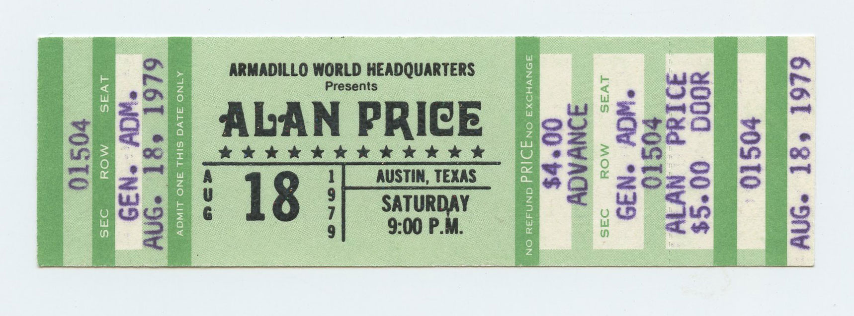 Alan Price Ticket Vintage 1979 August 18 Austin TX 