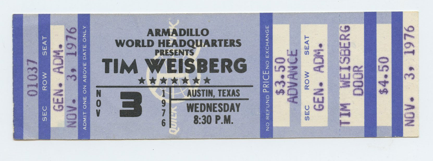 Tim Weisberg Ticket Vintage 1976 Nov 3 Austin TX 