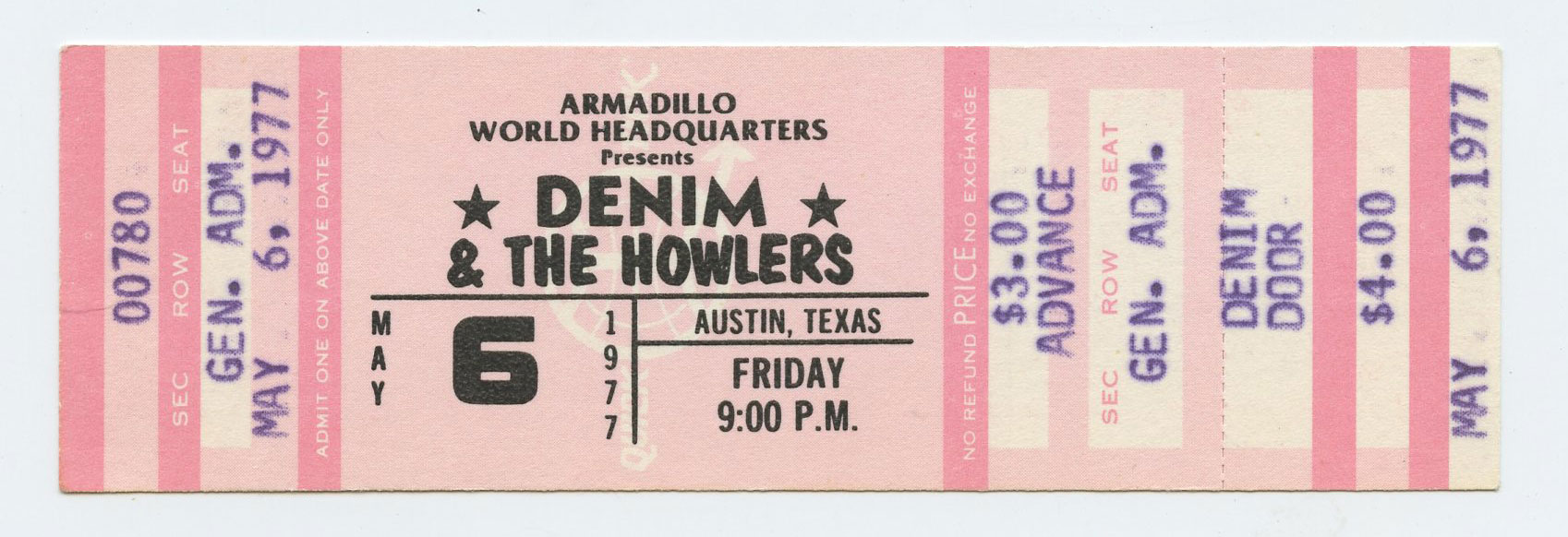 Denim The Howlers Vintage Ticket 1977 May 6 Austin TX 