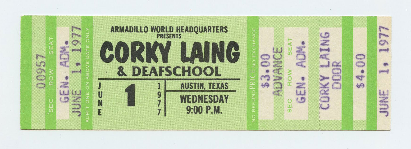 Corky Laing Vintage Ticket  1977 Jun 1 Austin TX  w/ Deafschool
