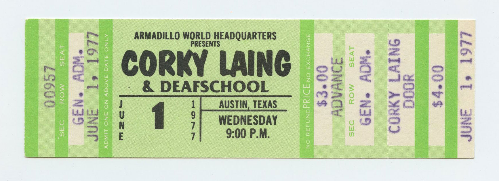 Corky Laing Ticket Vintage  1977 Jun 1 Austin TX  w/ Deafschool