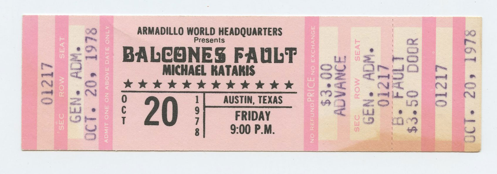 Balcones Fault Vintage Ticket 1978 Oct 20 Armadillo World Headquaters Austin TX 