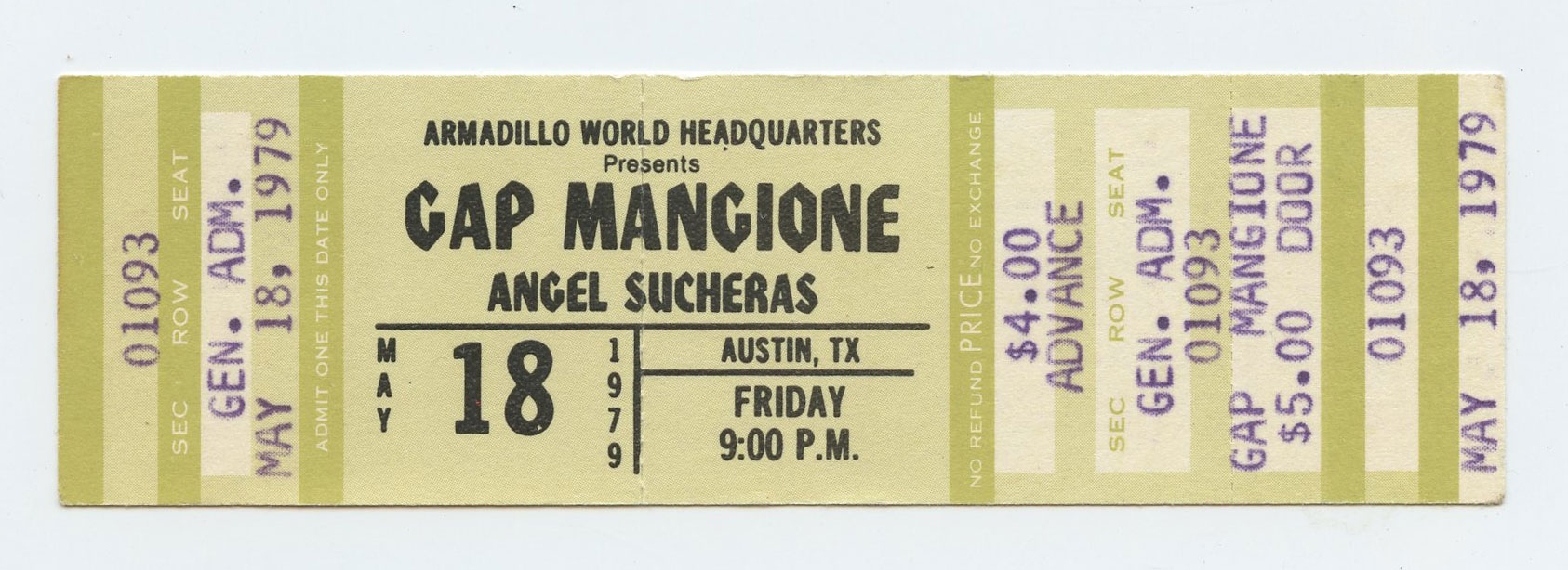 Gap Mangione Vintage Ticket 1979 May 18 Austin TX 