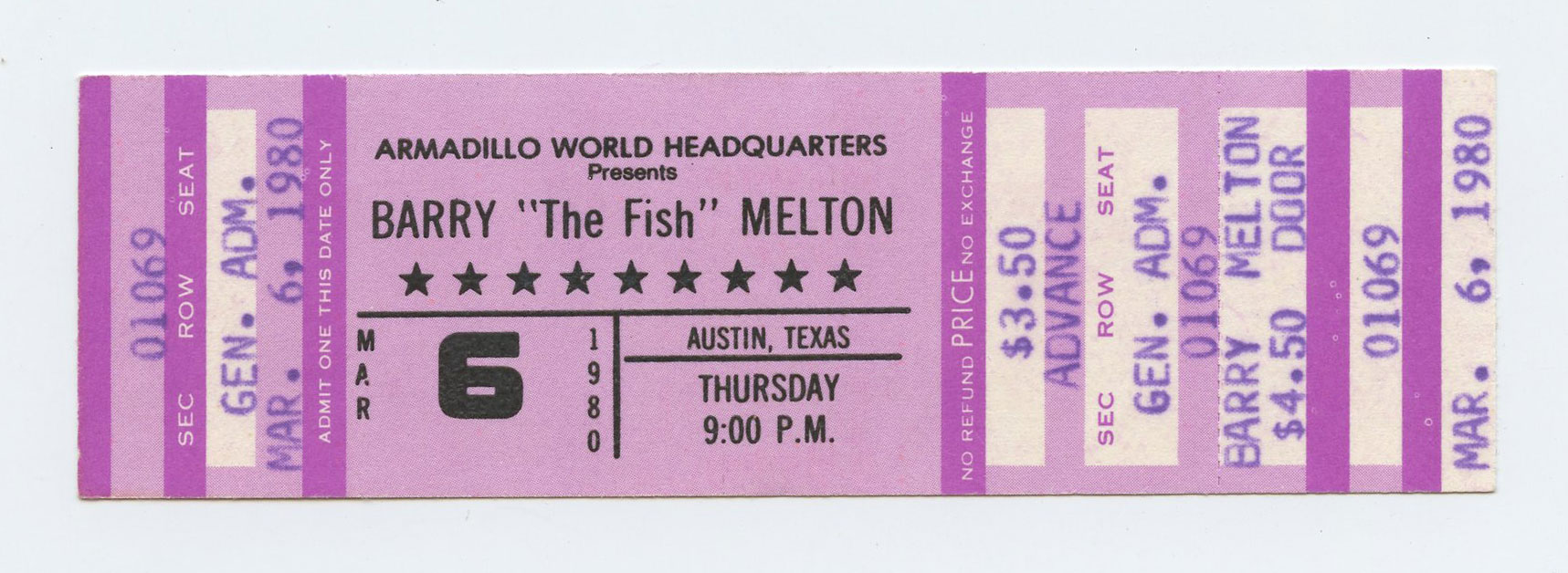 Barry Melton Vintage Ticket 1980 March 6 Austin TX 