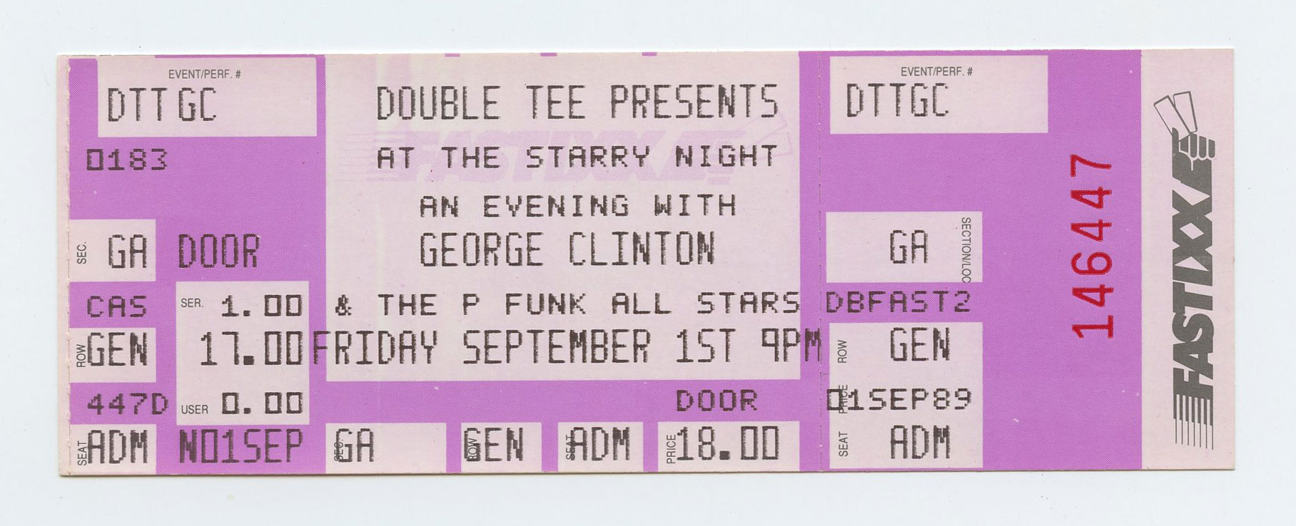George Clinton Vintage Ticket 1989 Sep 1 Portland Oregon Undesed