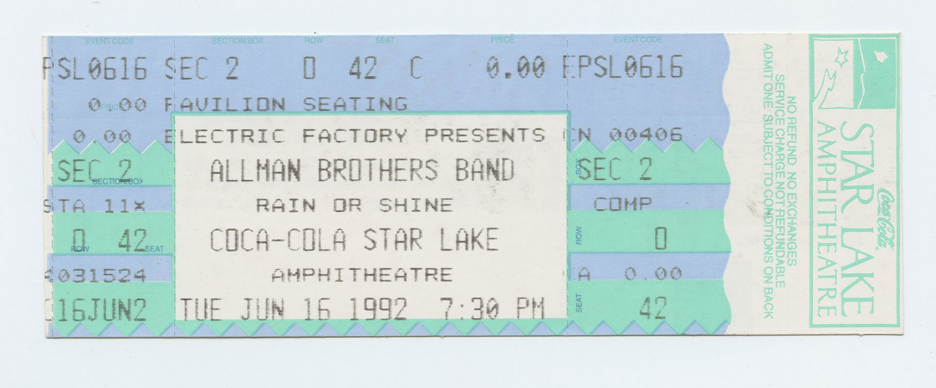 Allman Brothers Band Ticket Stub 1992 Jun 16 Coca Cola Star Lake Amphitheatre 