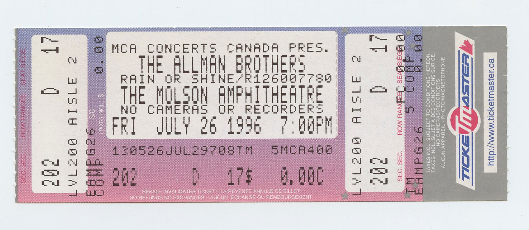 Allman Brothers Band Vintage Ticket Stub 1996 Jul 26 Molson Amphitheatre Toronto Canada 