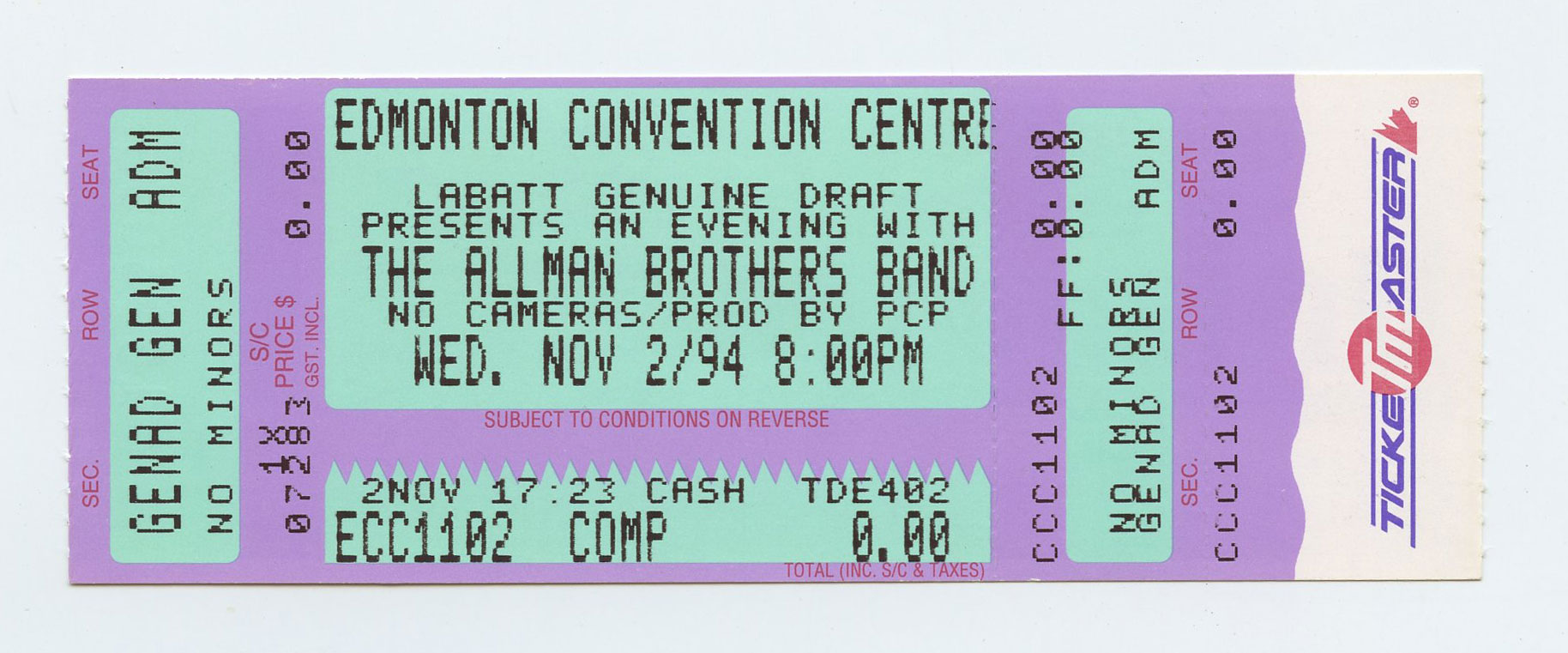 Allman Brothers Band Vintage Ticket Stub 1994 Nov 2 Edmonton Convention Centre Canada 