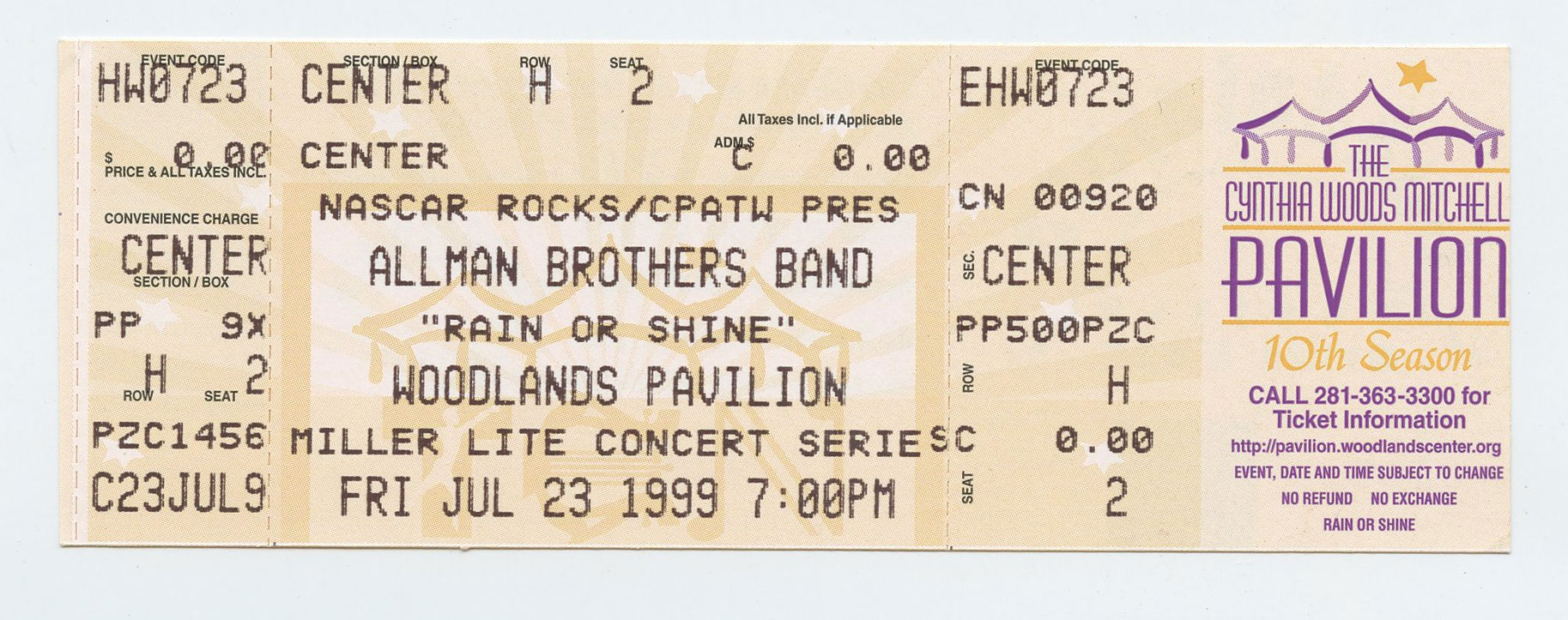 Allman Brothers Band Vintage Ticket Stub 1999 Jul 23 Woodlands Pavilion TX 