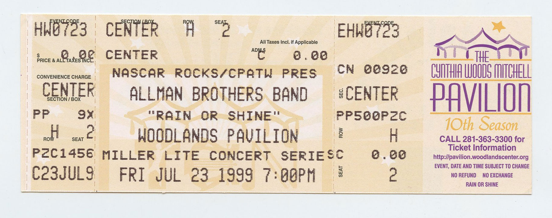 Allman Brothers Band Ticket Stub 1999 Jul 23 Woodlands Pavilion TX 
