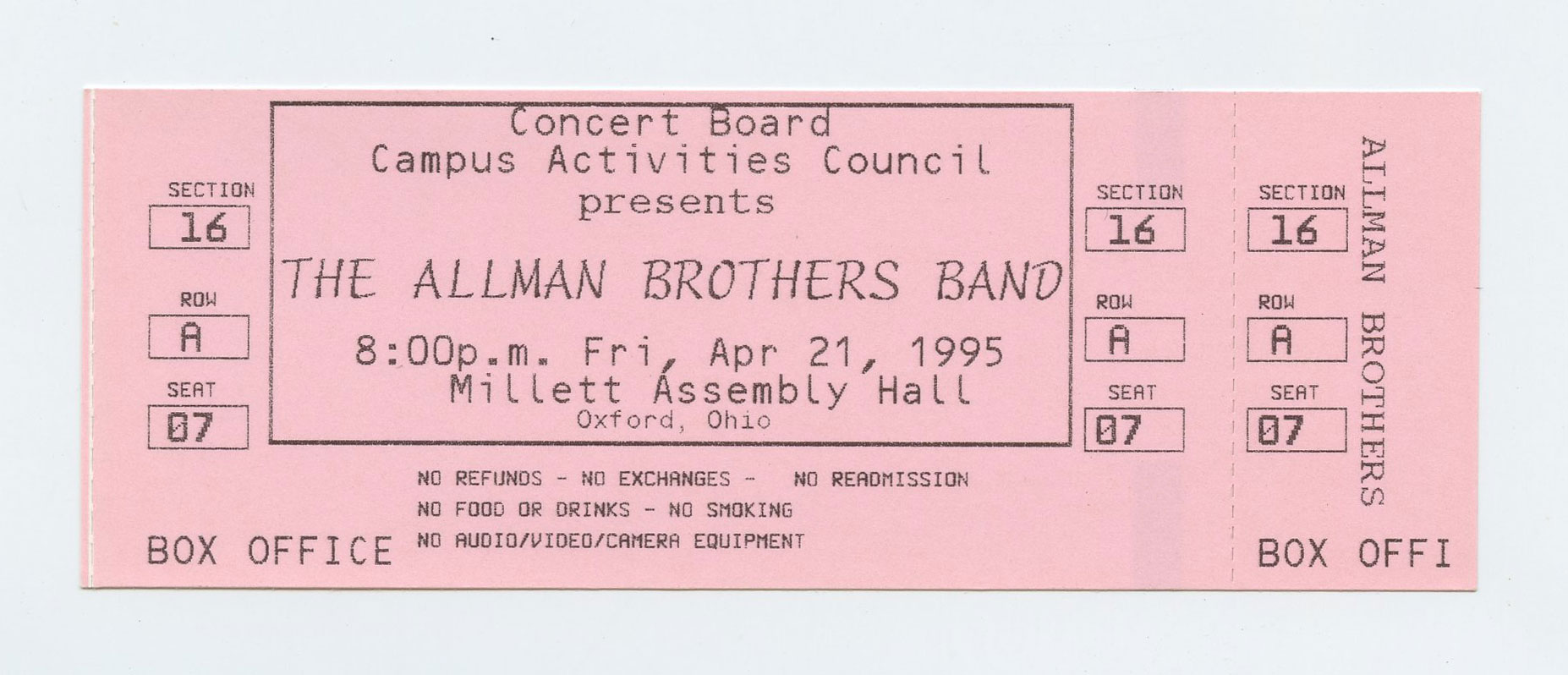 Allman Brothers Band Vintage Ticket  Stub 1995 Apr 21 Millett Assembly Hall Oxford OH 