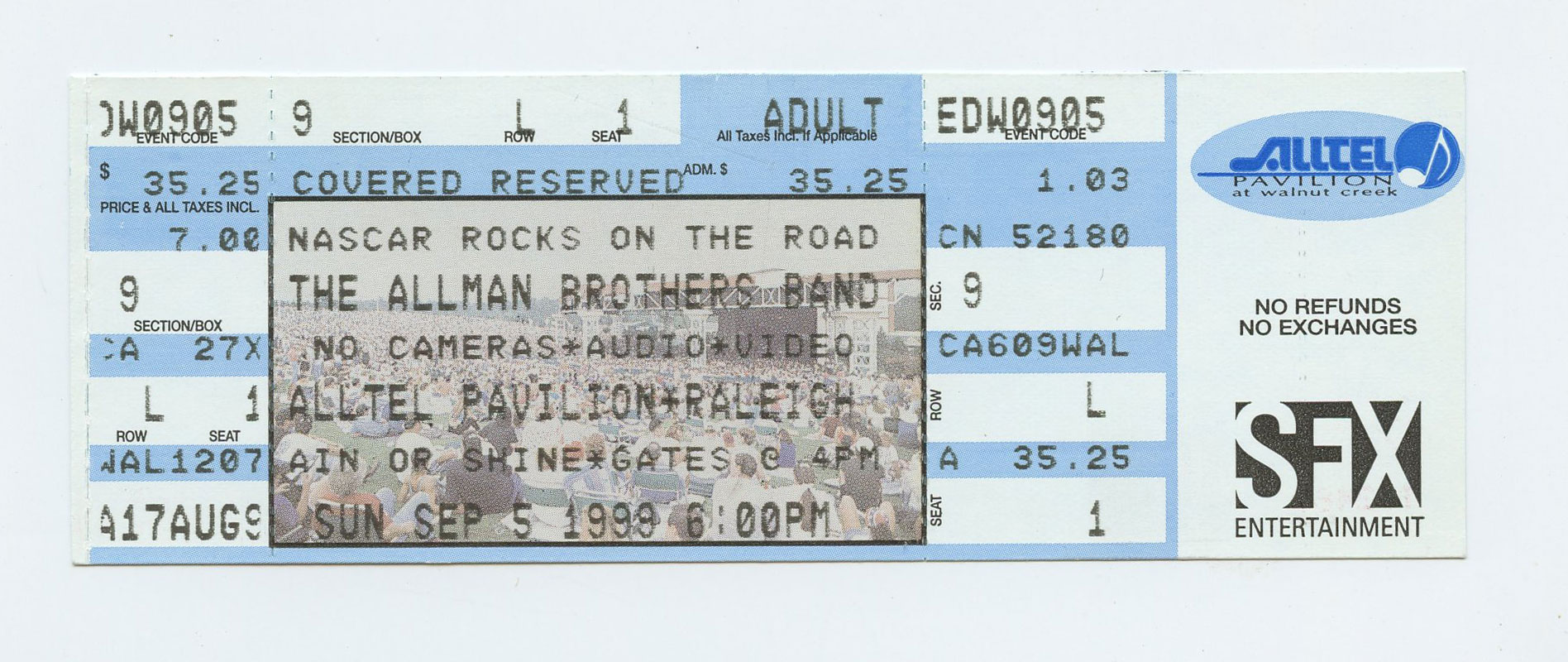 Allman Brothers Band Ticket Vintage 1999 Sep 5 Alltel Pavilion Raleiugh NC 