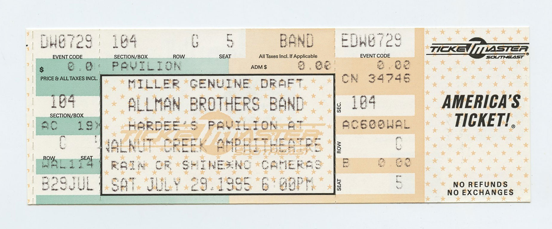 Allman Brothers Band Ticket Vintage 1995 Jul 29 Walnut Creek Amphitheatre 