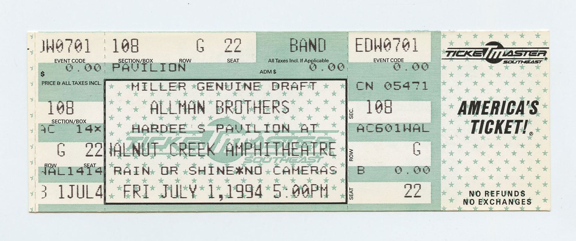 Allman Brothers Band Vintage Ticket Stub 1994 Jul 1 Walnut Creek Amphitheatre 