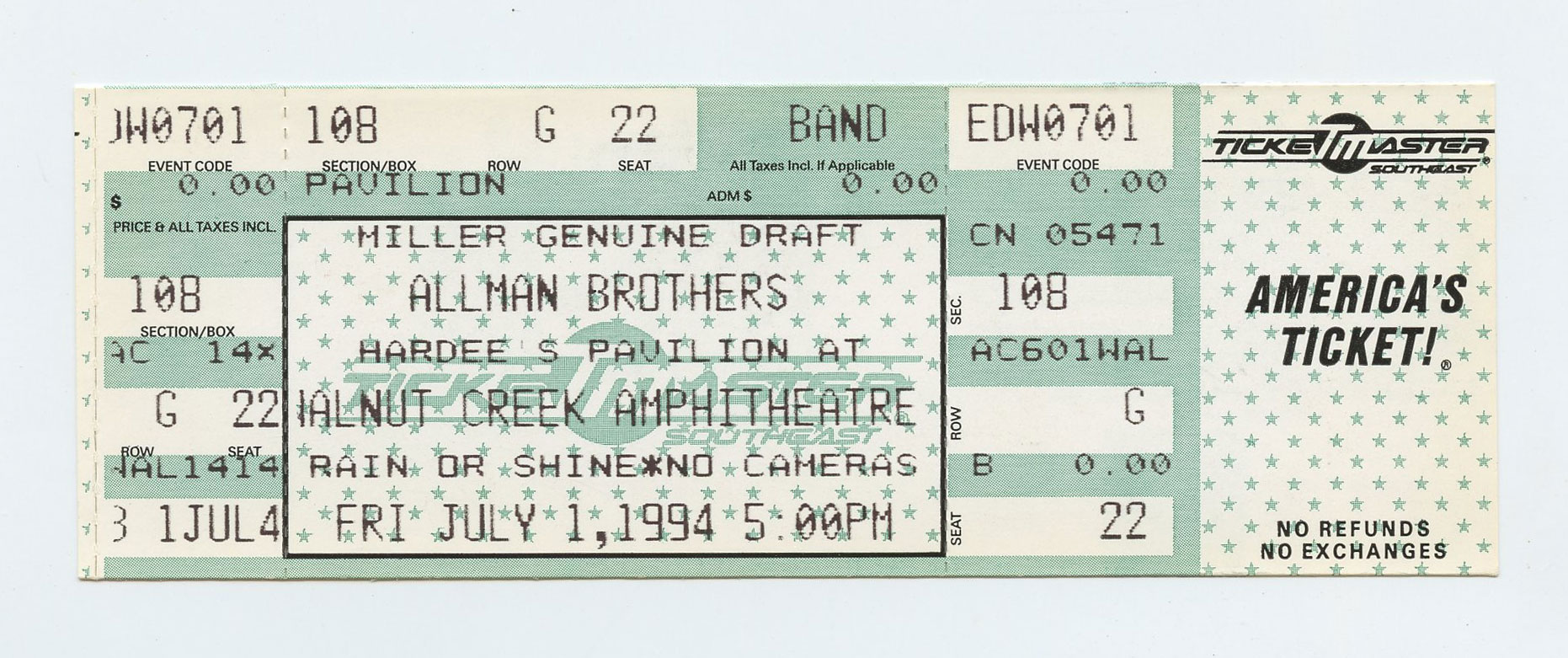Allman Brothers Band Ticket Stub 1994 Jul 1 Walnut Creek Amphitheatre 