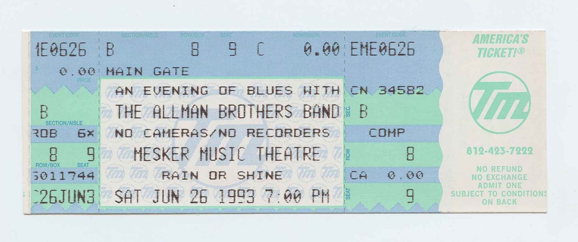 Allman Brothers Band Vintage Ticket 1993 Jun 26 Mesker Music Theatre Evansville 