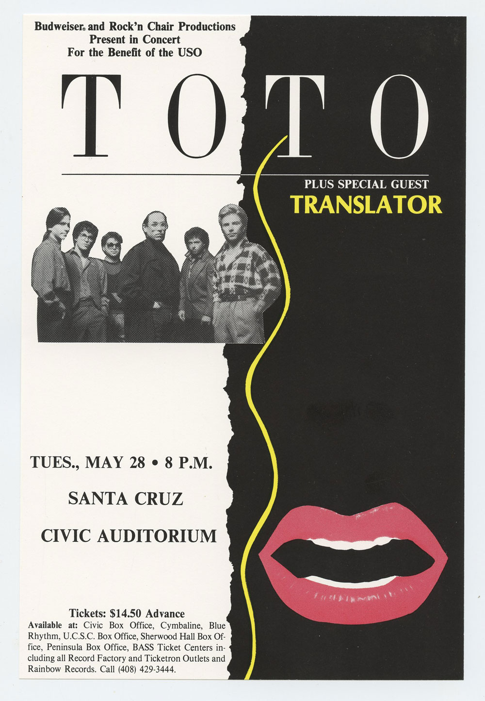 TOTO Handbill 1985 May 28 Santa Cruz Civic Auditorium