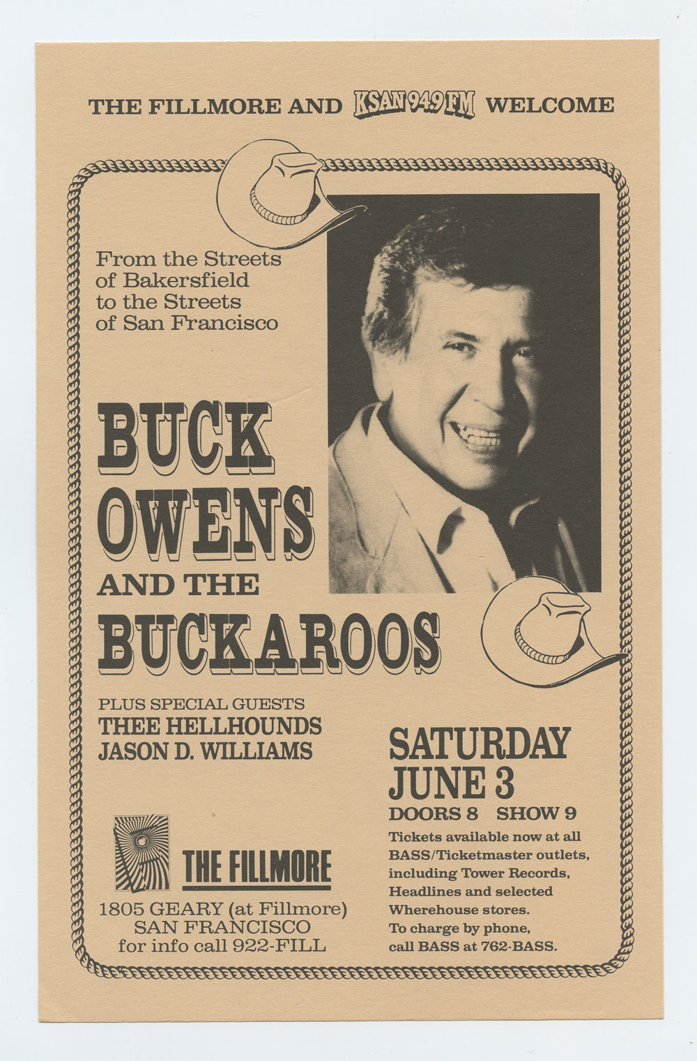 Buck Owens and the Buckaroos Handbill 1989 Jun 3 The Fillmore San Francisco