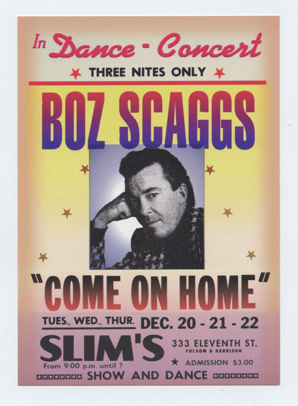 Boz Scaggs Postcard 1988 Dec 20 Slim's San Francisco