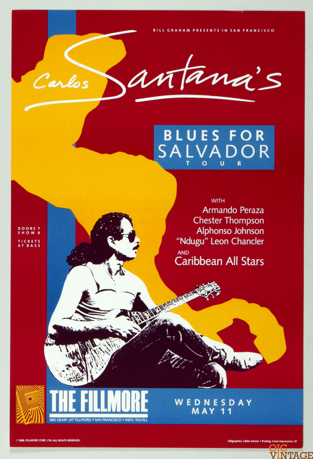 Carlos Santana Poster 1988 May 11 Blues For Salvador Tour New Fillmore San Francisco