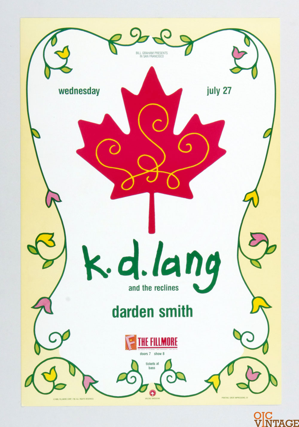 K. D. Lang Darden Smith Poster 1988 Jul 27  New Fillmore