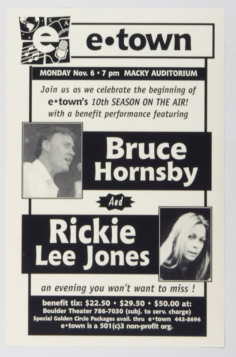 Bruce Hornsby Rickie Lee Jones Poster 2000 Nov 06 Boulder